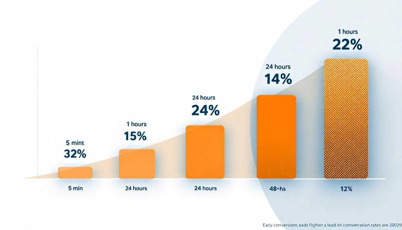 Lead conversion rates decay sharply as response time increases — responding in under 5 minutes yields a 32% close rate vs. 12% after 24 hours