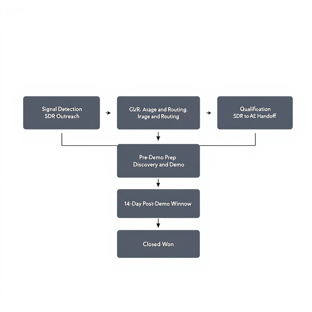 A horizontal flow diagram showing the modern B2B sales cycle in nine stages: signal detection, triage and routing, SDR outreach, qualification, SDR-to-AE handoff, pre-demo prep, discovery and demo, 14-day post-demo window, and closed-won. Each stage is a labeled box connected by arrows, with handoff points highlighted, clean minimalist style on a white background