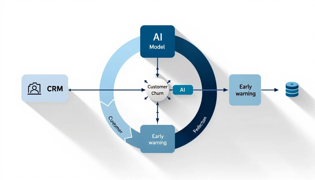 Customer churn prediction workflow showing data flowing from CRM to AI analysis to early warning alerts