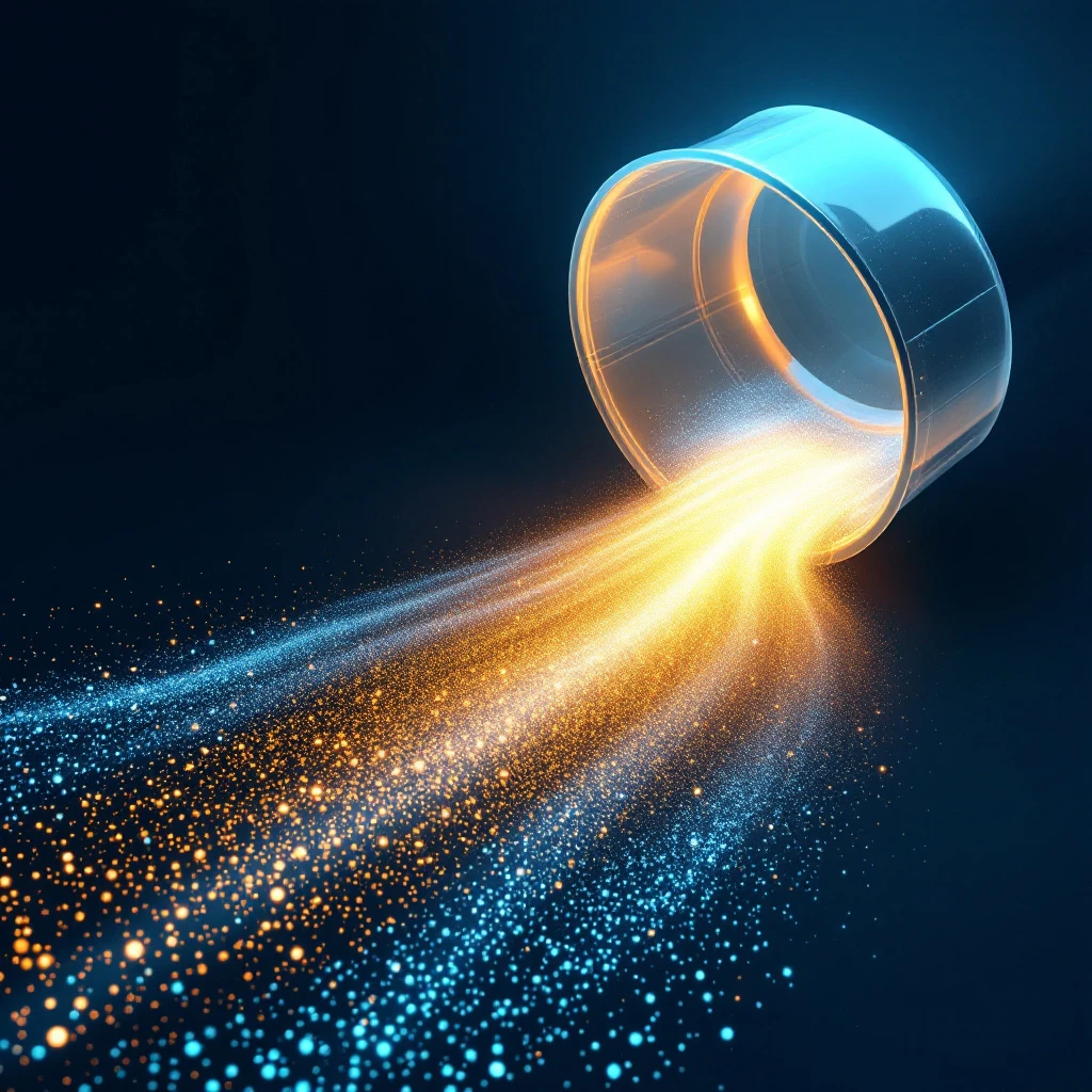 Abstract minimalist illustration of hundreds of small glowing particles flowing through a funnel into organized streams