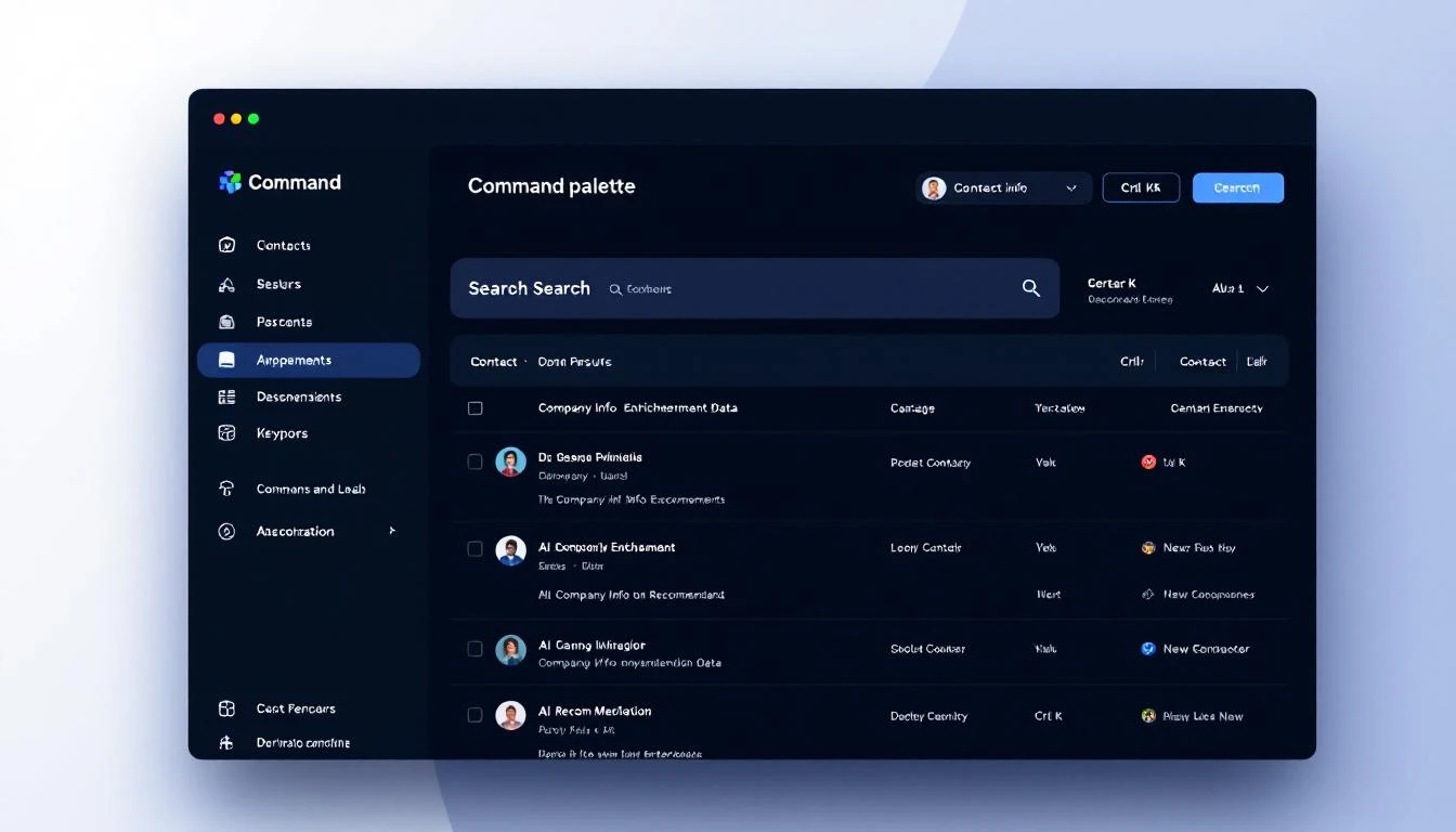 Command palette interface showing contact search with enrichment data and AI recommendations