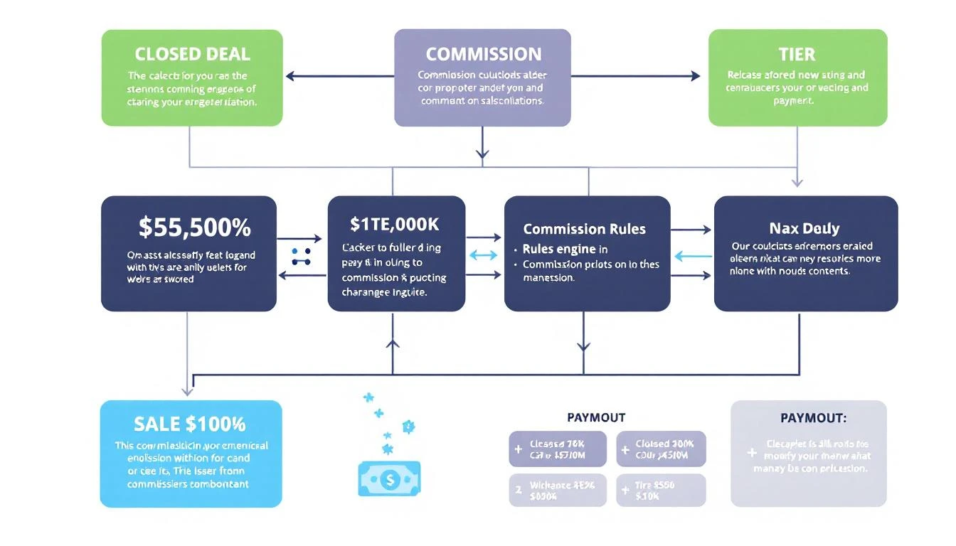Sales commission calculation flow showing deal closure, rules engine, tier calculations, and payout