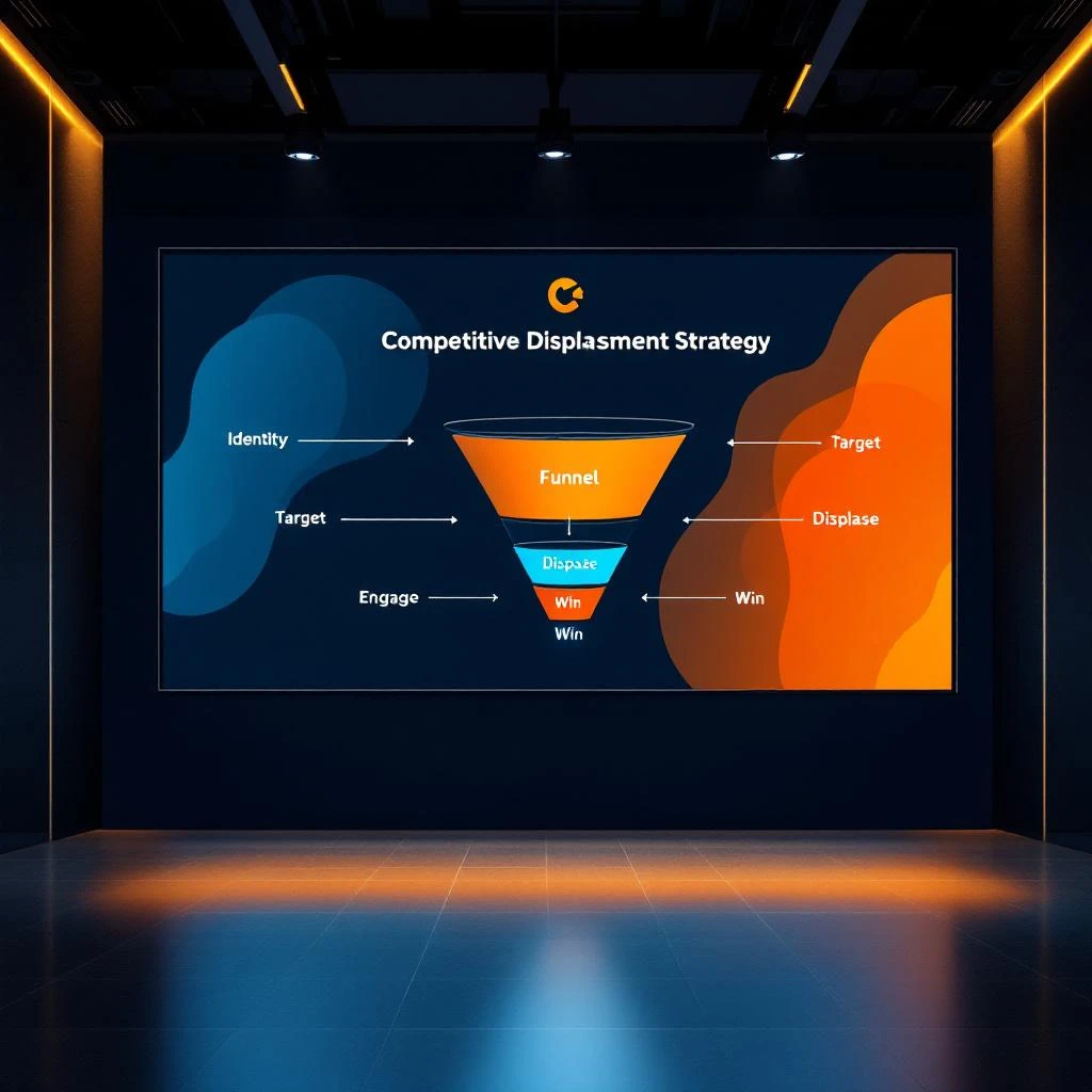 Competitive displacement campaign strategy showing the five stages: identify, target, engage, displace, win