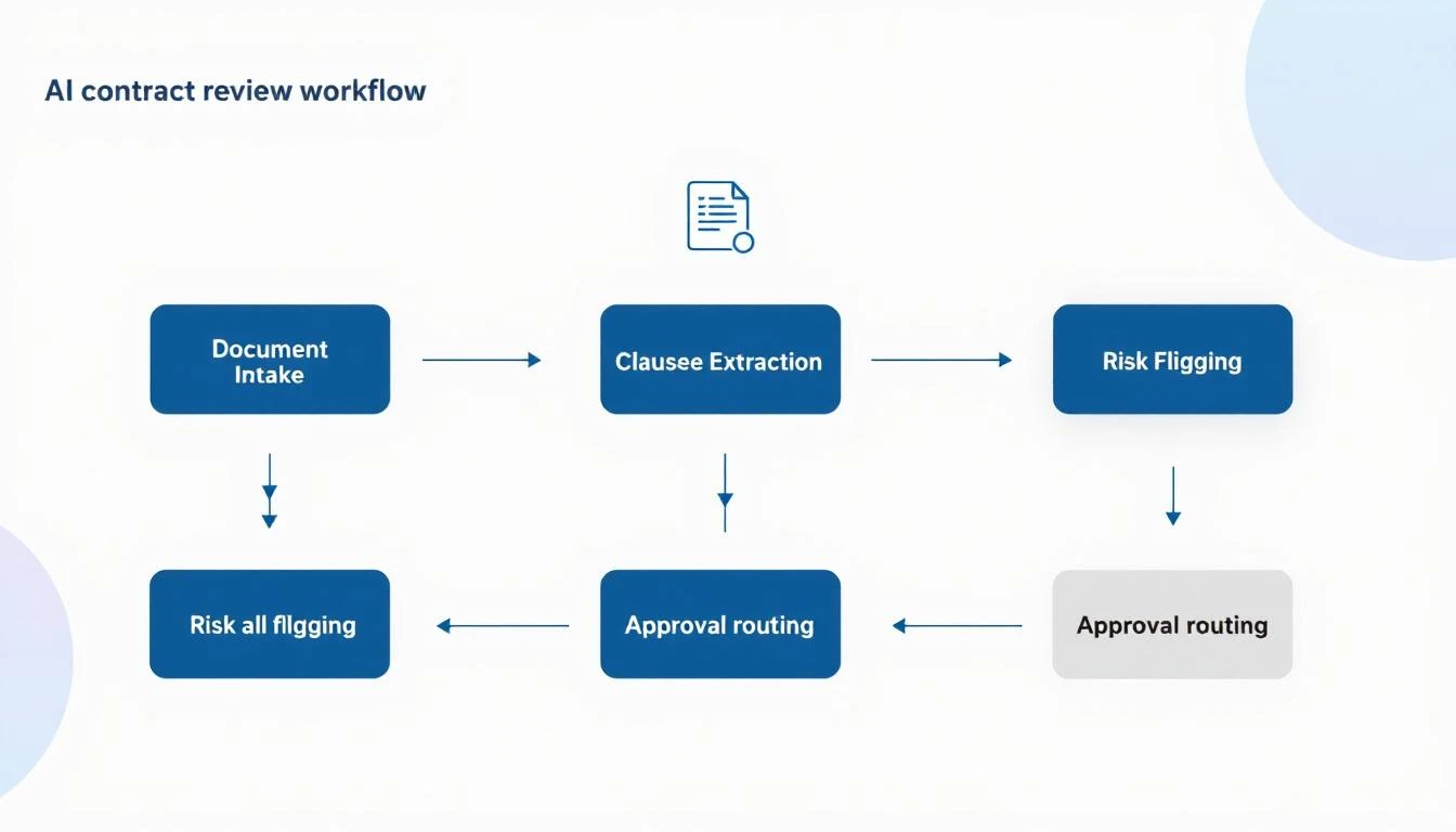 AI contract review workflow showing document intake, clause extraction, risk flagging, and approval routing