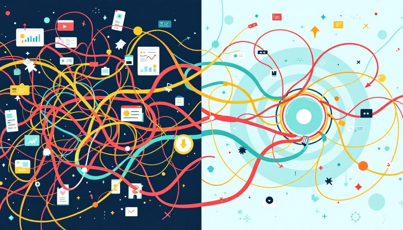 A tangled web of B2B sales tools fragmenting into broken handoffs, illustrating how fragmented lead stacks silently kill pipeline