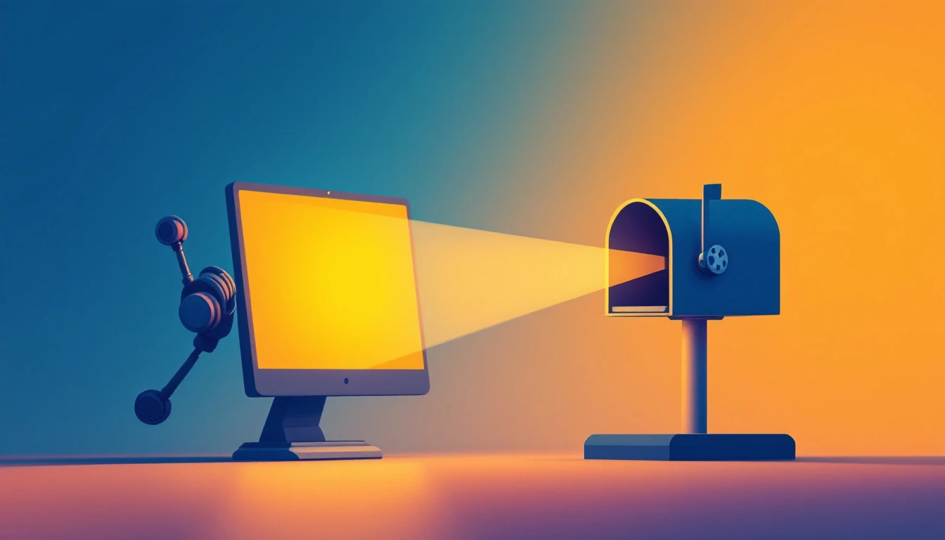 Abstract minimalist illustration of a robotic arm operating a computer whose screen glows and projects a small film reel toward a mailbox
