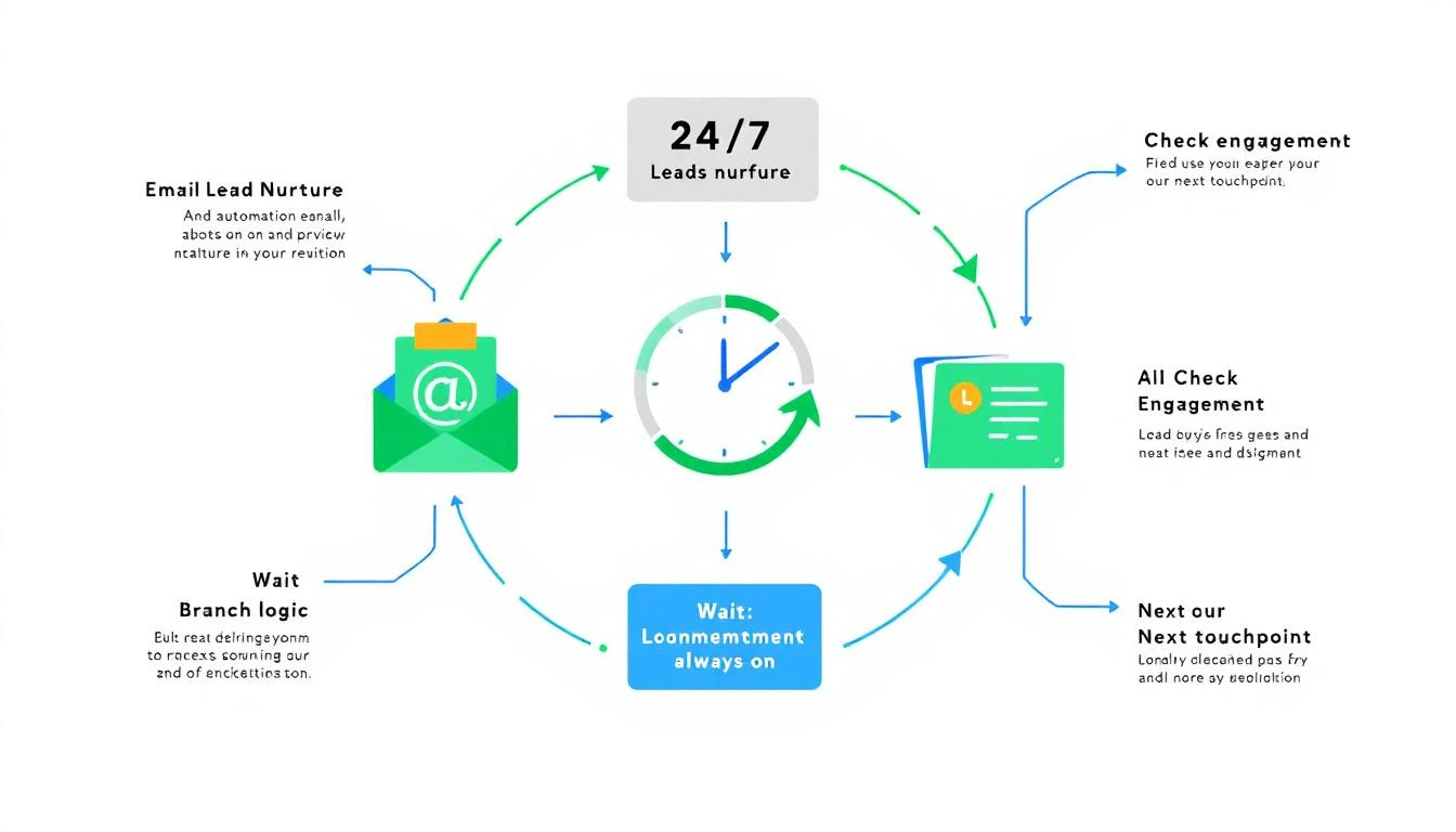 24/7 lead nurture automation cycle showing email touchpoints, engagement checks, and branching logic