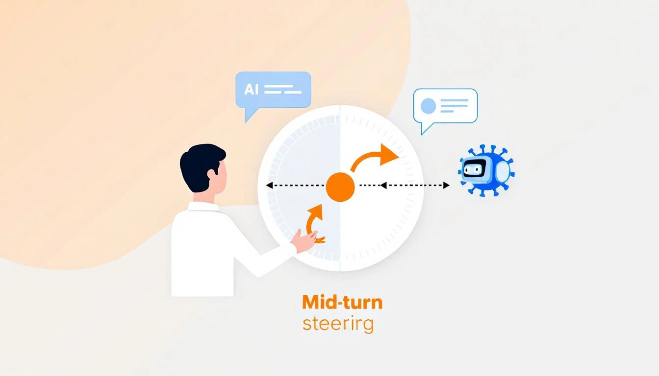 Mid-turn steering concept showing human directing AI agent mid-task with course correction arrows