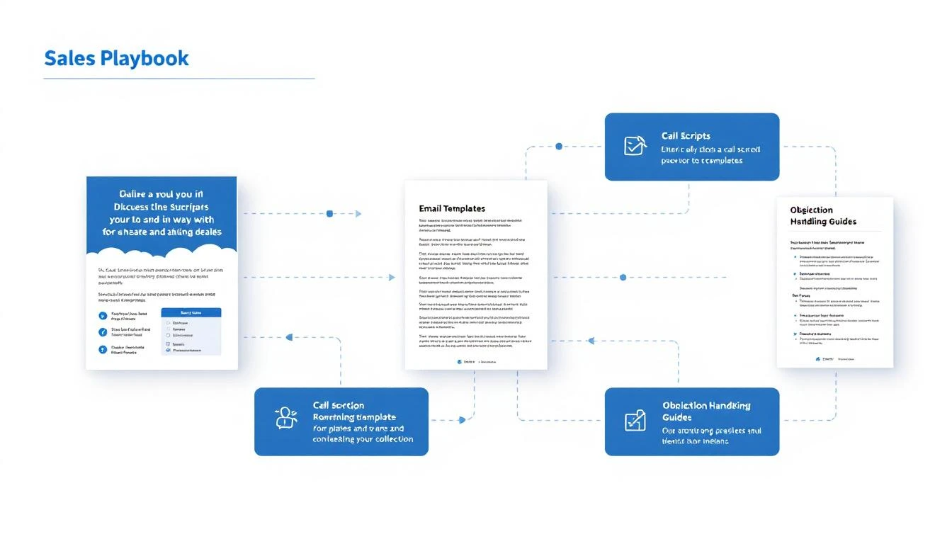 Sales playbook document templates showing call scripts, email templates, and objection handling guides
