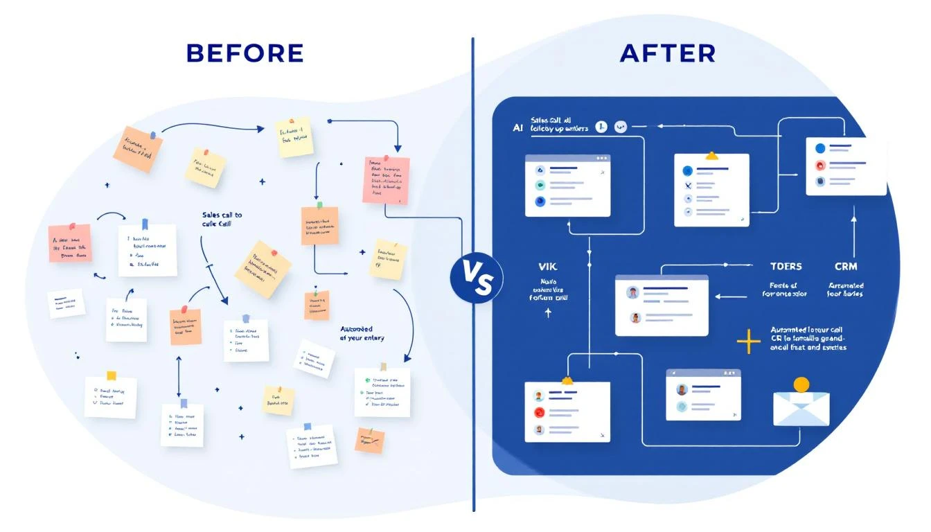 Before and after comparison of sales call follow-up workflows โ manual chaos versus automated intelligence