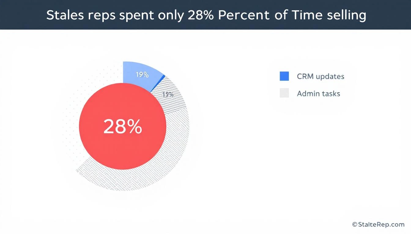 Sales rep time allocation showing only 28% spent selling, with 19% on CRM updates and the rest on admin tasks