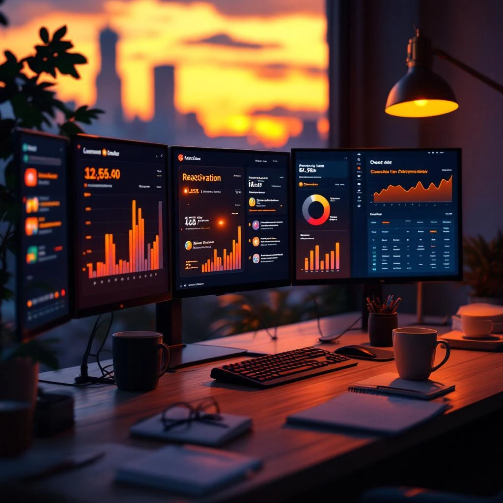 An account executive reviewing a closed-lost dashboard with buyer signal alerts lighting up old opportunities across multiple monitors
