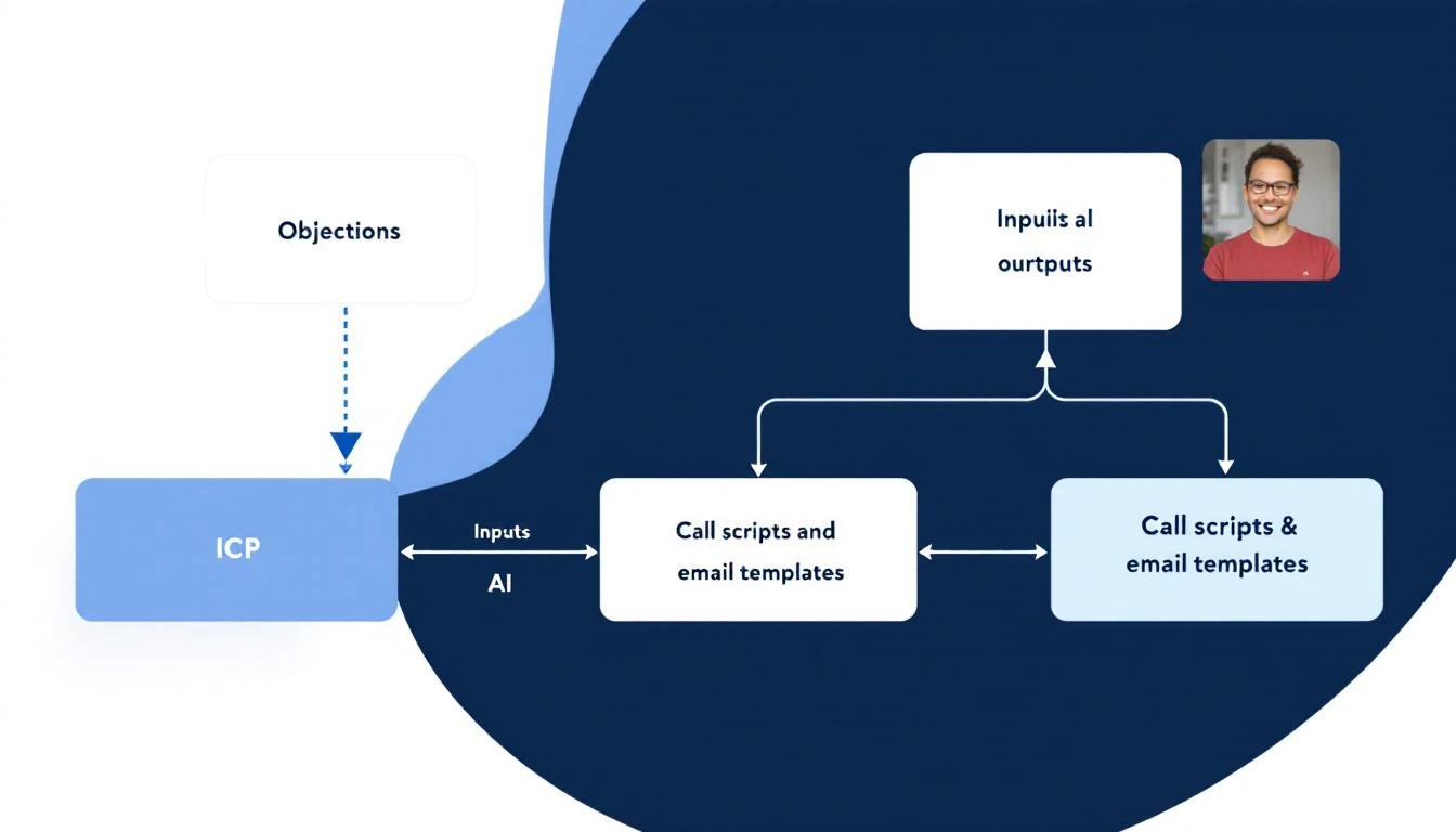 Sales playbook generator workflow showing inputs like ICP and objections flowing into AI, outputs like call scripts and email templates