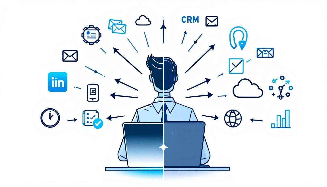 Sales reps switching between 12 different tools versus a unified command bar interface