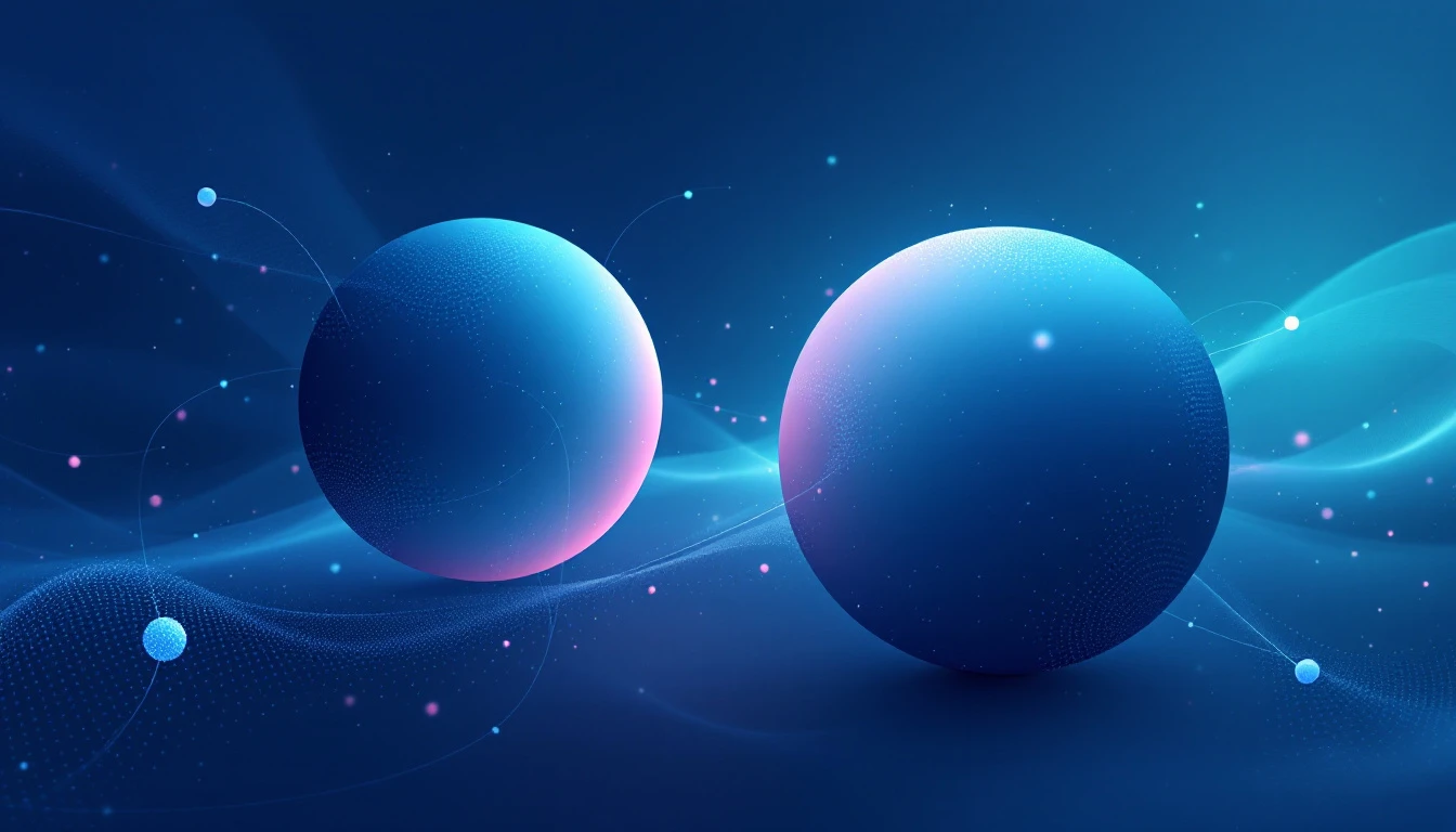 Abstract illustration of two large spheres merging into one, surrounded by orbiting agent nodes connected by flowing data lines, minimalist style