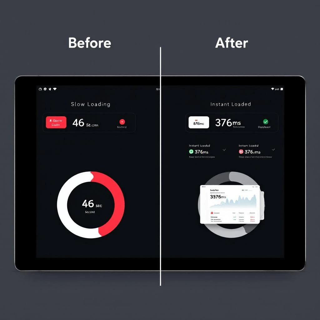 Before and after comparison showing 46 second load times reduced to 376ms