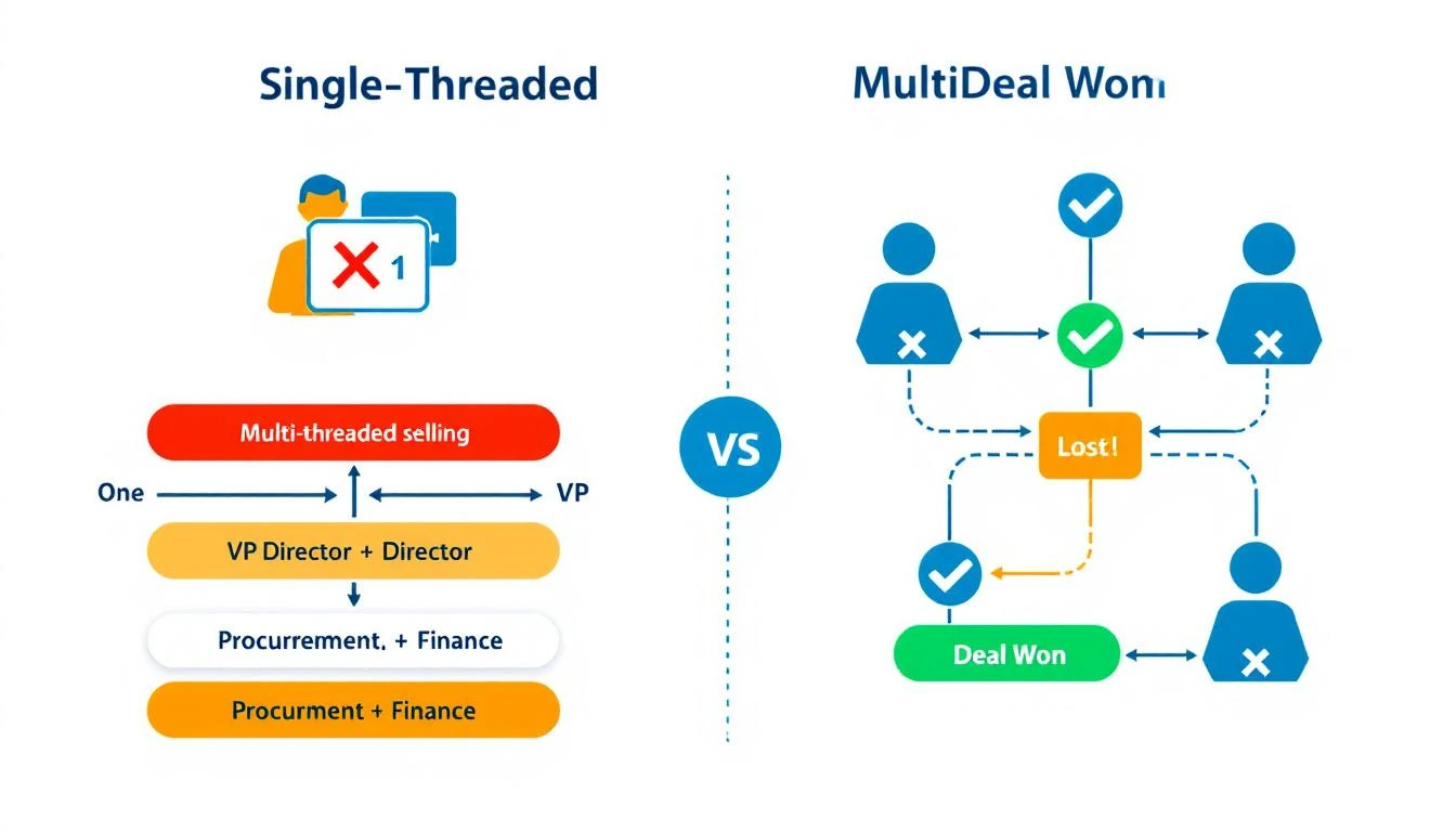 Comparison diagram showing single-threaded selling with one contact versus multi-threaded selling engaging the full buying committee