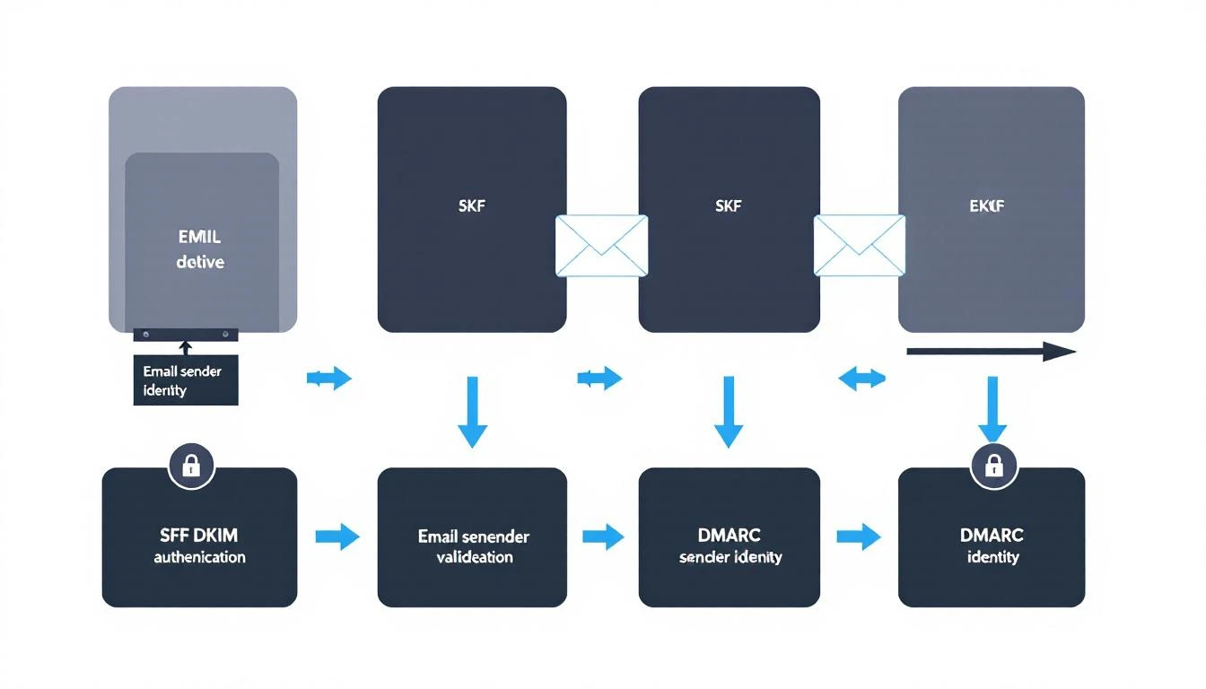 SPF, DKIM, and DMARC authentication flow diagram
