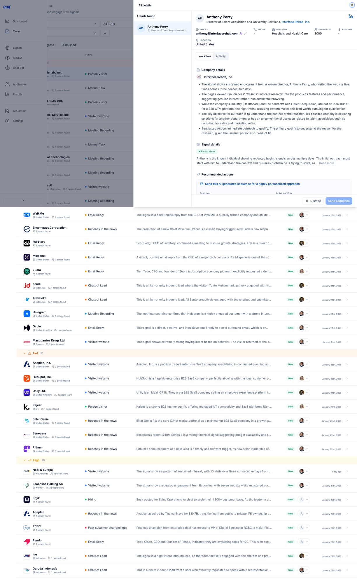 MarketBetter's SDR task list with prioritized actions and AI-generated outreach
