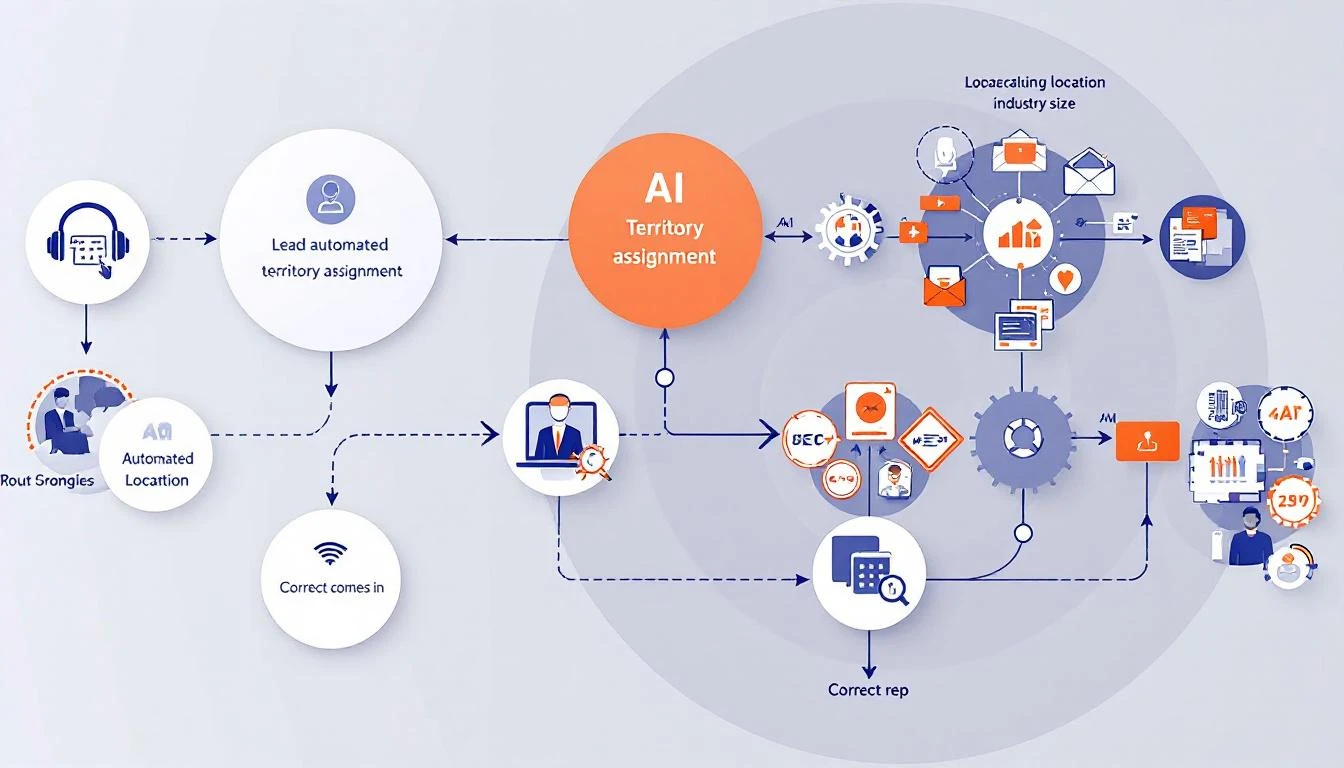 Automated territory assignment workflow showing lead intake, AI analysis, and routing to correct rep