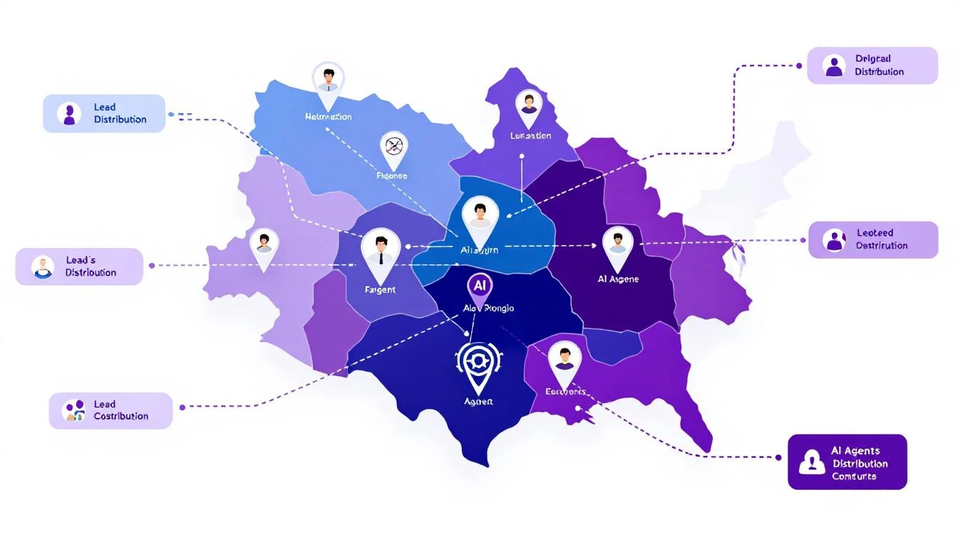 Sales territory architecture with AI agent icons, territory boundaries, and lead distribution arrows