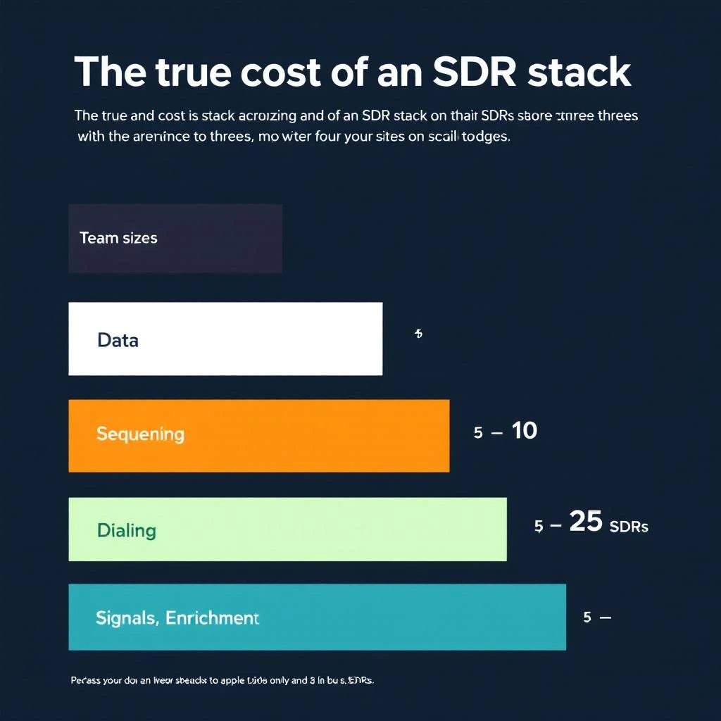 A breakdown chart of the average annual SDR stack cost for 5, 10, and 25-person teams, showing data, sequencing, dialing, signals, and enrichment as stacked components